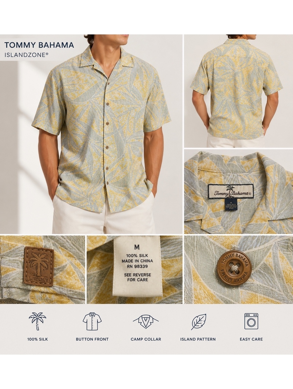 Tommy Bahama Men’s Tropical Hawaiian Shirt Yellow Gray Short Sleeve Button Up